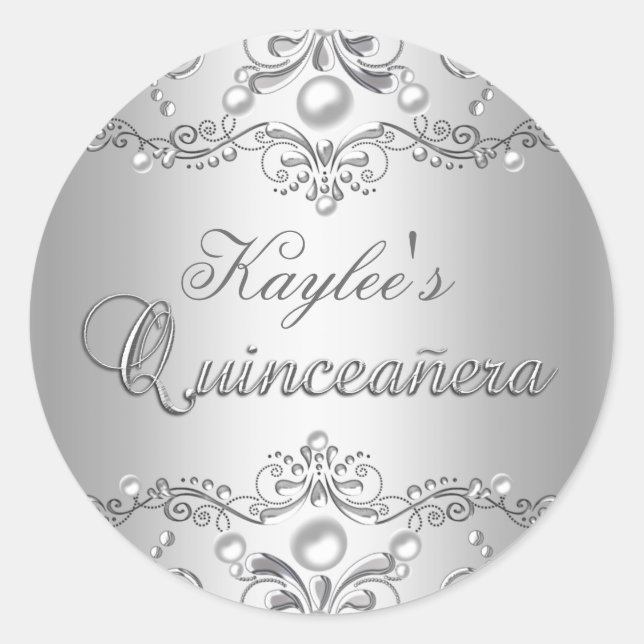 Adesivo Redondo Silver Damask Pearl Quinceanera Sticker (Frente)