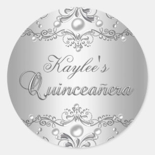 Adesivo Redondo Silver Damask Pearl Quinceanera Sticker