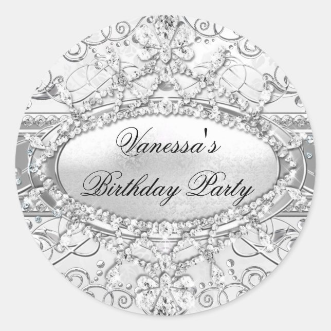 Adesivo Redondo Silver Diamond & Damask Birthday Sticker (Frente)