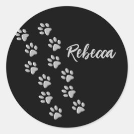 Adesivo Redondo Silver Dog Paws black Background Print Pattern