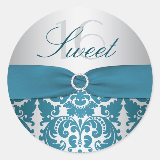 Adesivo Redondo Silver e Teal Damask Sweet Six Sticker (Frente)