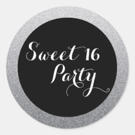 Adesivo Redondo Silver Faux Glitter Sweet 16 Favor Seal Sticker
