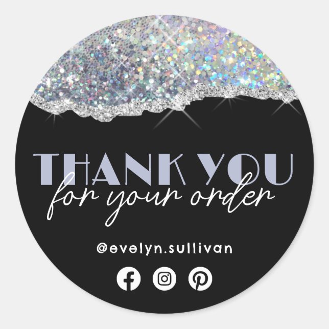 Adesivo Redondo Silver Faux Iridescente Glitter Obrigado Sticker (Frente)