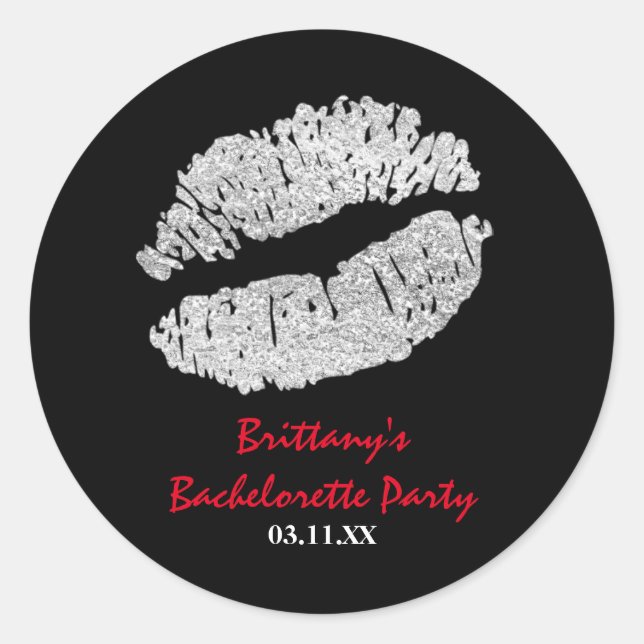 Adesivo Redondo Silver Faux Sparkle Lábios Kiss Party Favor Sticke (Frente)