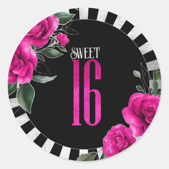 Adesivo Redondo Silver Foil Stripes Floral Hot Pink ID759 (Frente)