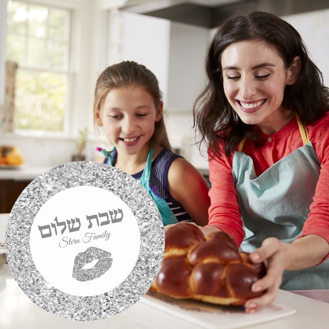 Adesivo Redondo Silver Glitter Beija Judeu Hebraico Shabbat Shalom (Criador carregado)