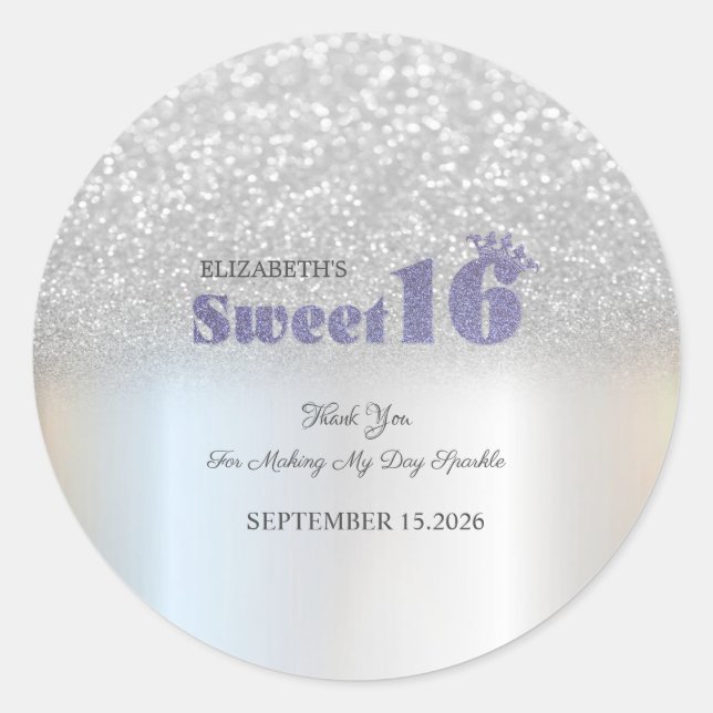 Adesivo Redondo Silver Glitter Bokeh Sweet 16 Crown (Frente)