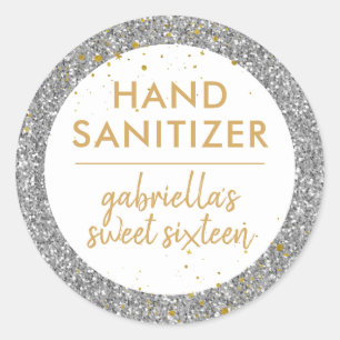 Adesivo Redondo Silver Glitter Hand Sanitizer Aniversário Favor