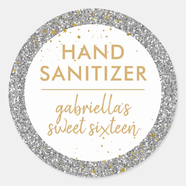 Adesivo Redondo Silver Glitter Hand Sanitizer Aniversário Favor (Frente)