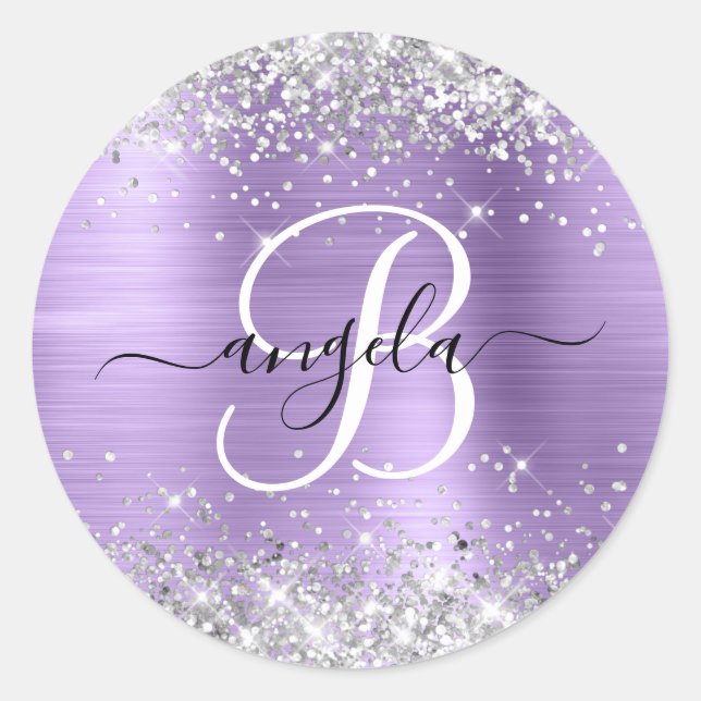 Adesivo Redondo Silver Glitter Light Purple Foil Elegant Monogram (Frente)