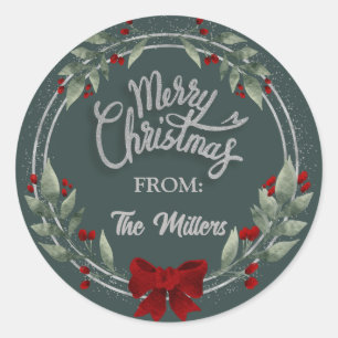 Adesivo Redondo Silver Glitter Merry Christmas Wreath Sticker