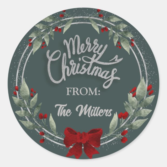 Adesivo Redondo Silver Glitter Merry Christmas Wreath Sticker (Frente)