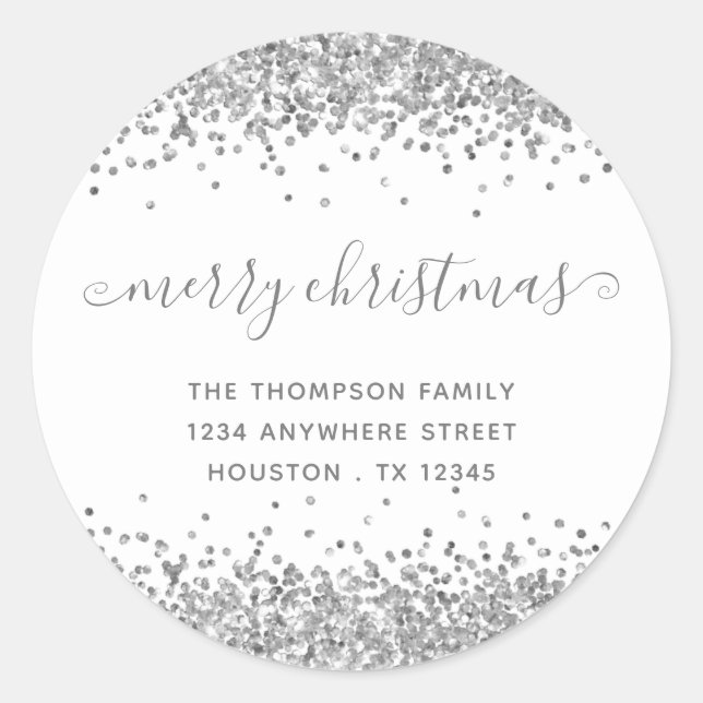 Adesivo Redondo Silver Glitter Nome de Natal Merry Endereço de dev (Frente)