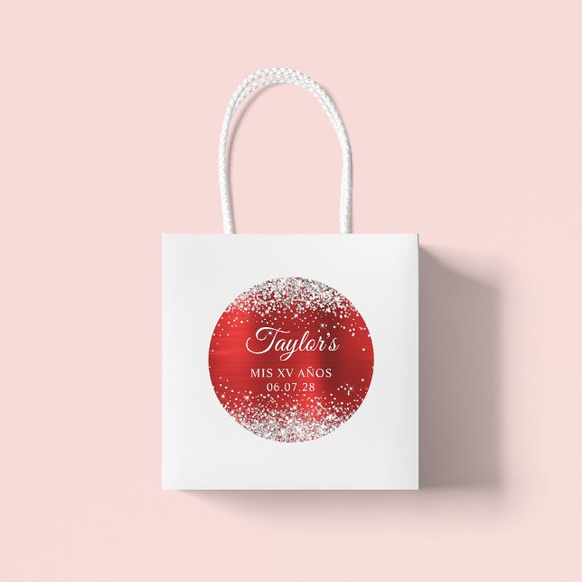 Adesivo Redondo Silver Glitter Red Foil Mis XV Anos Aniversário (Large Round Favor Stickers)
