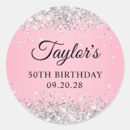Adesivo Redondo Silver Glitter Rosa 50º Aniversário