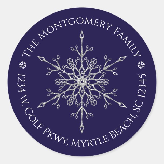 Adesivo Redondo Silver Glitter Snowflake Nome Endereço Natal (Frente)