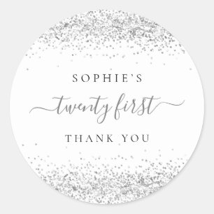 Adesivo Redondo Silver Glitter Vinte Primeiro Aniversário Obrigado