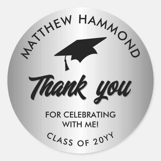 Adesivo Redondo Silver Graduating Class Thank You Grad Cap (Frente)