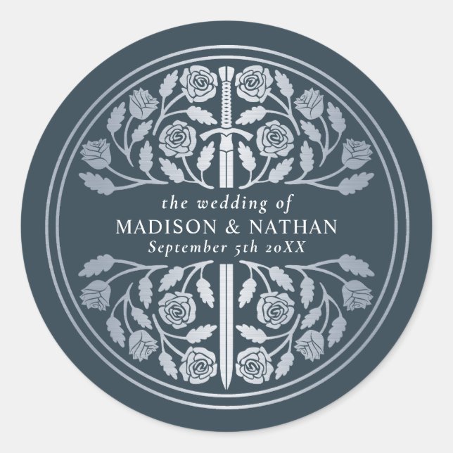 Adesivo Redondo Silver Gray Royal Medieval Sword Wedding  (Frente)