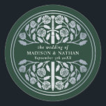 Adesivo Redondo Silver Green Royal Medieval Sword Wedding<br><div class="desc">Celebrate your special day with this Royal Medieval Sword Wedding design against a green background. PLEASE NOTE: The silver on this item is NOT real foil and is printed in flat colors. You can customize this further by clicking on the "PERSONALIZE" button.</div>