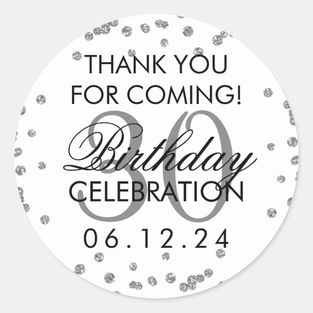 Adesivo Redondo Silver Obrigado aniversário de 30 anos Glitter Con (Frente)