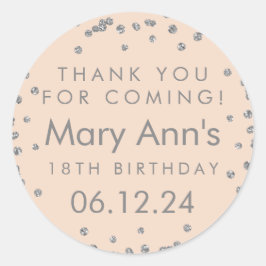 Adesivo Redondo Silver Obrigado Aniversário Glitter Confetti Rosa