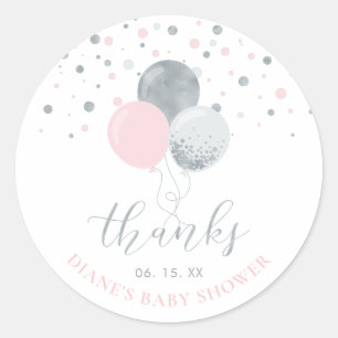 Adesivo Redondo Silver & Pink Balloons   Party Favor Thank you