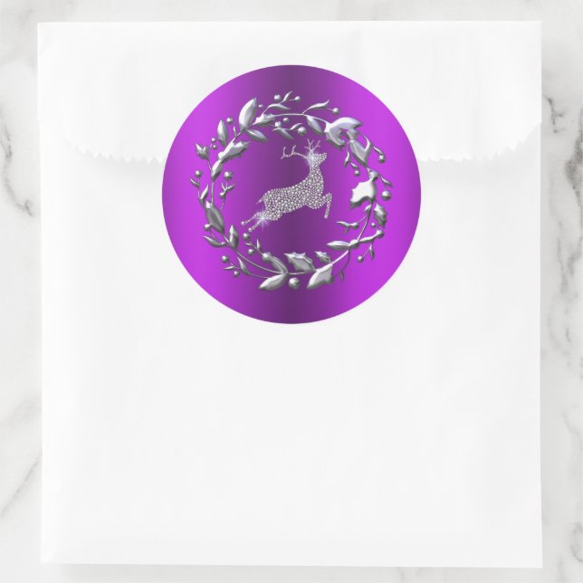 Adesivo Redondo Silver Reindeer e Wreath Purple Natal (Bolsa)