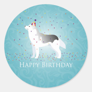 Adesivo Redondo Silver Siberian Husky Dog Happy Birday Design