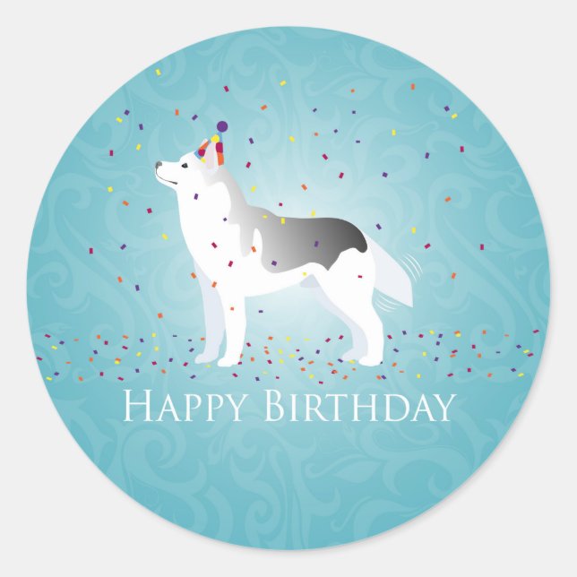 Adesivo Redondo Silver Siberian Husky Dog Happy Birday Design (Frente)