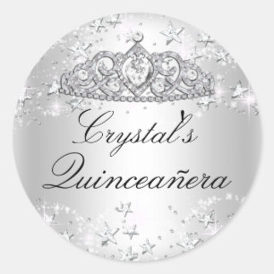 Adesivo Redondo Silver Sparkle Tiara & Stars Quinceanera Sticker
