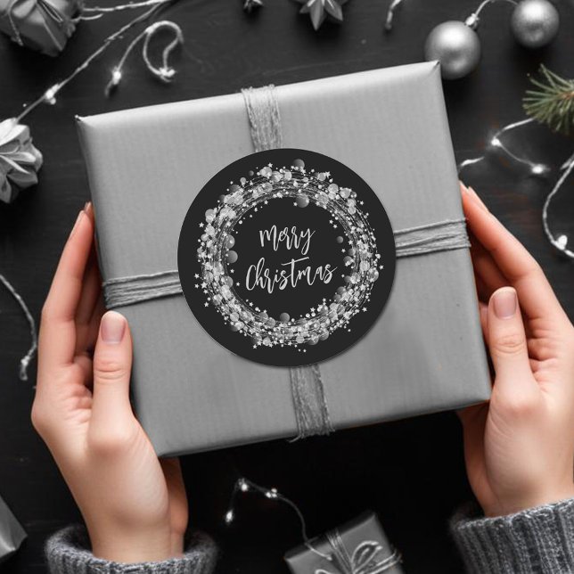 Adesivo Redondo Silver Stars Feliz Natal (Silver Stars Merry Christmas Classic Round 3" Stickers)