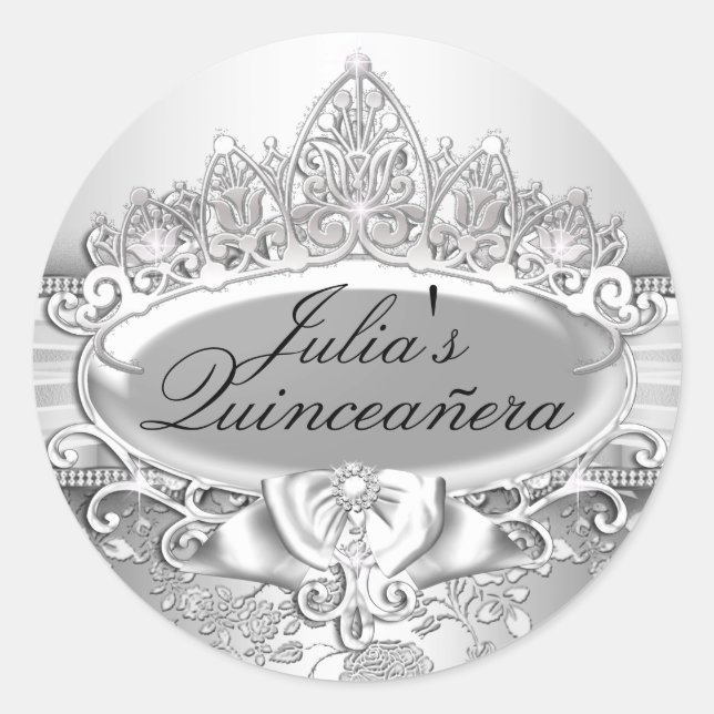 Adesivo Redondo Silver Tiara e Floral Quinceanera Sticker (Frente)