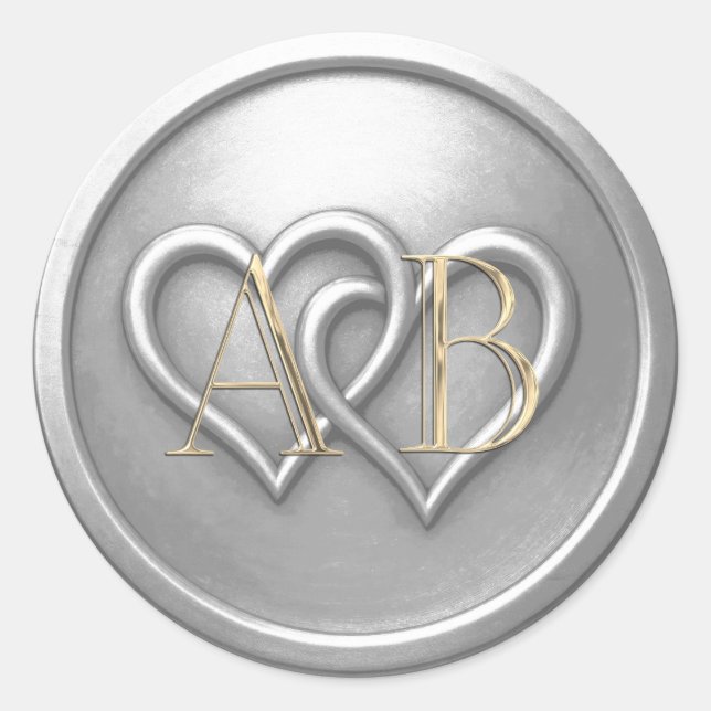 Adesivo Redondo Silver Two Hearts Intertwined Monogram Wedding (Frente)