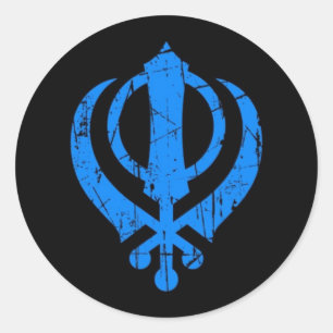 Adesivo Redondo Símbolo azul riscado de Khanda do sikh no preto