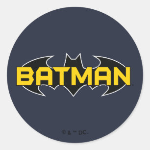 Adesivo Redondo Símbolo Batman   Nome Logotipo Amarelo e Preto