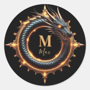 Adesivo Redondo 🐉 Símbolo de Dragão de Fantasia com Nome Personal