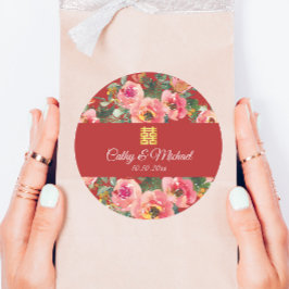 Adesivo Redondo Símbolo de dupla felicidade do fundo de flor rosa