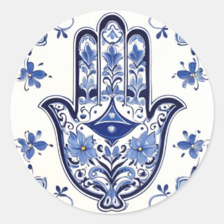 Adesivo Redondo Símbolo de Mão de Hamsa - Mão Azul e Branca de Fát