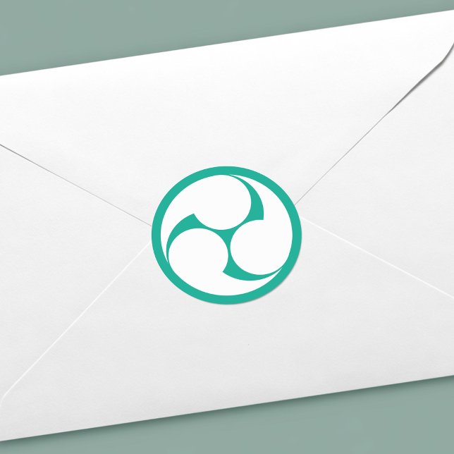 Adesivo Redondo Símbolo de repouso mitsudomo japonês azul e branco (Japanese Mitsudomoe Symbol- Envelope Seal View)