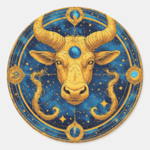 Adesivo Redondo Símbolo de Touro Dourado em Círculo Azul