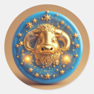 Adesivo Redondo Símbolo de Touro Dourado em Círculo Azul