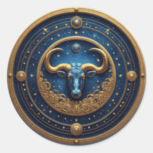 Adesivo Redondo Símbolo de Touro Dourado em Círculo Azul