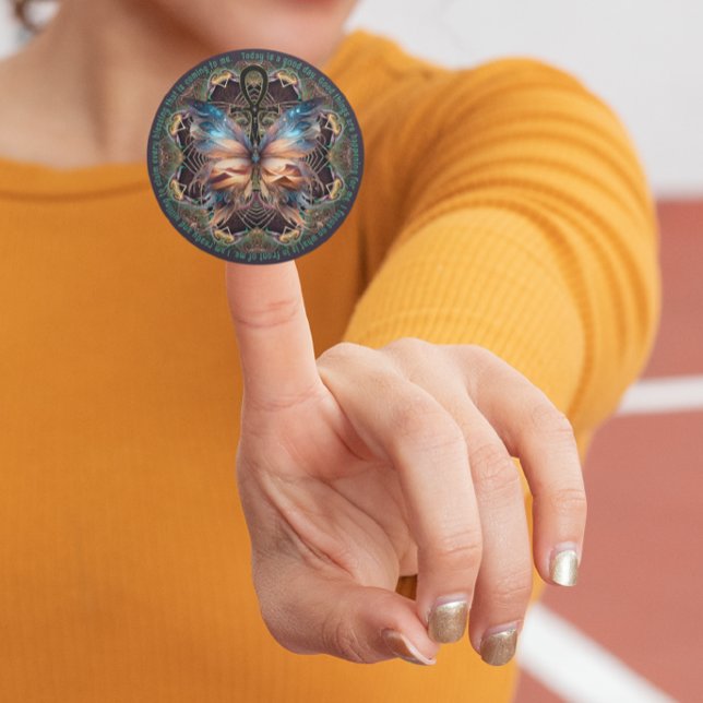 Adesivo Redondo Símbolo de Vida da Borboleta Ankh Mandala Afirmaçã (spread the goodness with your favourite affirmation with ankh life artistry mandala by webgrrl.)