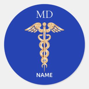 Adesivo Redondo Símbolo do Caduceu Dourado & Monograma de Médico