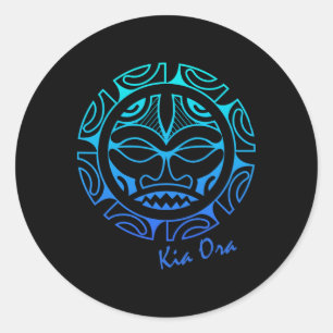 Adesivo Redondo Símbolo Facial da Cultura Azul, Dança Haka Kia Ora