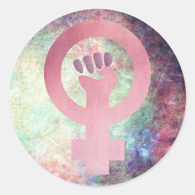 Adesivo Redondo Símbolo Feminista Rosa na Textura Grunge Multicolo (Frente)