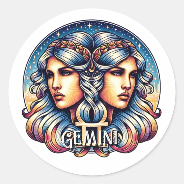 Adesivo Redondo Símbolo Horoscópio Gemini | Sinal de Astrologia Gê (Frente)
