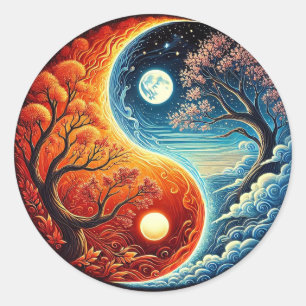 Adesivo Redondo Símbolo Intricado Yin-Yang Mostrando Fogo, Água