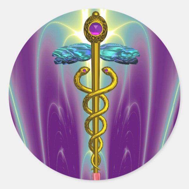 Adesivo Redondo Símbolo médico CADUCEUS ouro Roxo vibrante (Frente)
